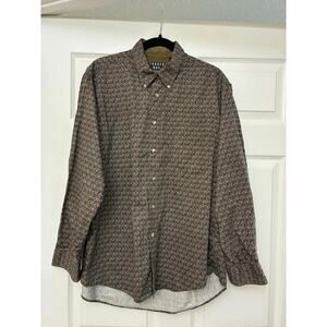 Trader Bay Button Down Shirt Mens L Brown Geometric Print Cotton Long Sleeve
